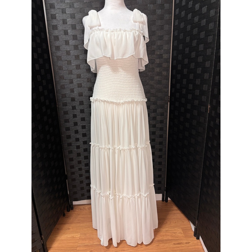 Lulu's Like a Fairy Tale White Tiered Maxi Dress S Bridal Ethereal Grad Coquette